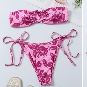 Shein Plant print bandeau tie side bikini